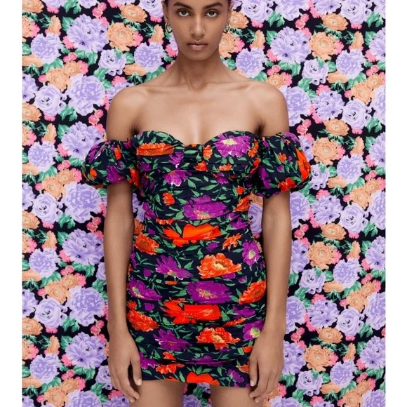 NEW! Zara Floral Print Off the Shoulder Mini Dress - Picture 6 of 13